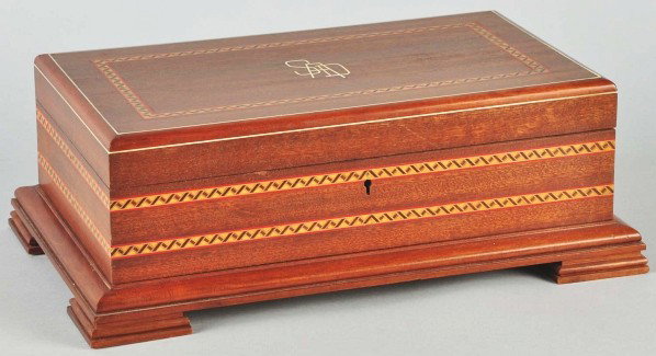 Inlaid Cuban Humidor.: 1953. Dedicated to S.A. Dodge. Tiger maple with mahogany. Size: 5" x 14" x 8 - 1/2".