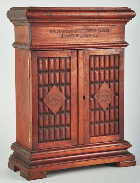 Romeo & Julieta Cedar Cuban Humidor.: 1930s. Early cabinet-style humidor with intricate carving on door. Size: 18" x 13" x 6".