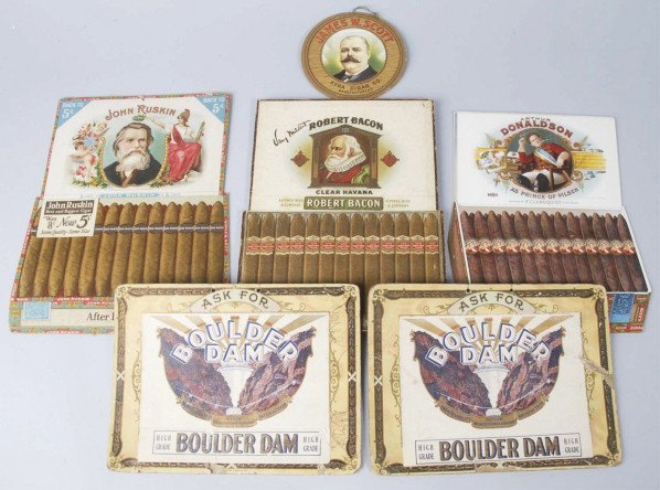 Lot of 6: Cigar Advertising Signs.: Includes one rare Robert Bacon easel back, one James Scott fan pull, and four others. Size: Largest: 12 - 1/4" x 10 - 1/4".