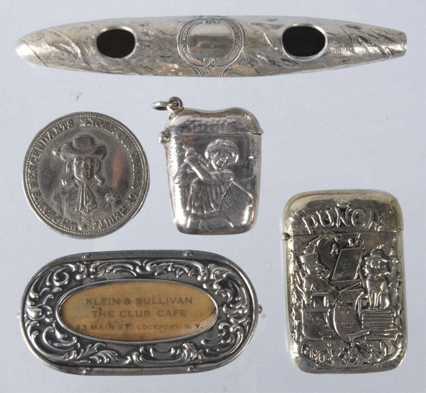 Lot of 5: Cigar & Match Holders & Cutters.: 1900 to 1920s. Two are sterling silver. Size: Largest: 4 - 1/2" L.