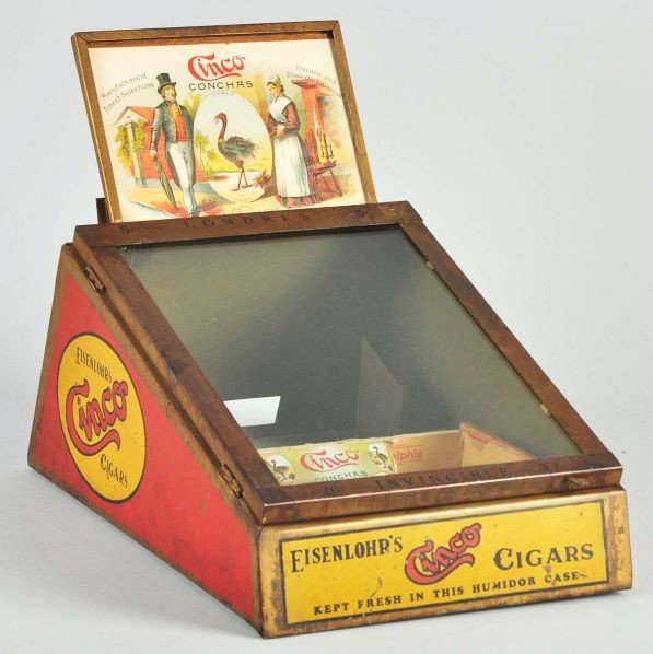 Cinco Cigar Advertising Display Case.: 1900 to 1910. Hard-to-find case with original paint and cigar box. Size: 7 - 1/2" x 9 - 3/4" x 14 - 1/2".