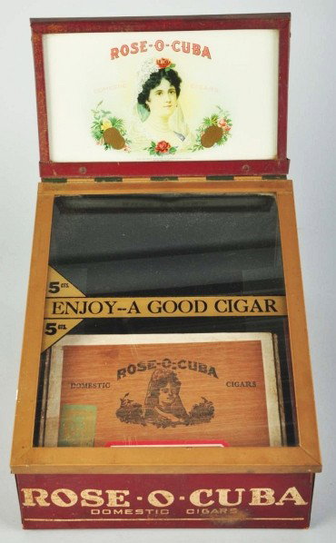 Tin & Glass Rose O Cuba Cigar Display Case.: 1930 to 1940. Beautiful color and graphics. Size: 13 - 1/2" x 10" x 13 - 3/4".