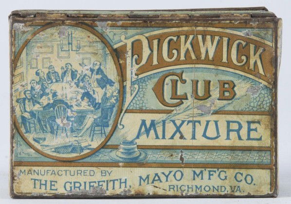 Pickwick Club Square Corner Tobacco Tin.: Some minor dents and paint flaking overall. Size: 3 - 7/8" L.