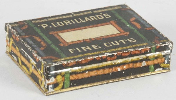 P. Lorillard's Square Corner Tobacco Tin.: Unusual tobacco tin with some minor paint flaking and edge wear throughout. Size: 4 - 1/2" L.