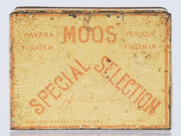 Moos Special Selection Square Corner Tobacco Tin.: Some paint crazing, edge wear, and minor flaking throughout. Size: 4 - 1/2" L.