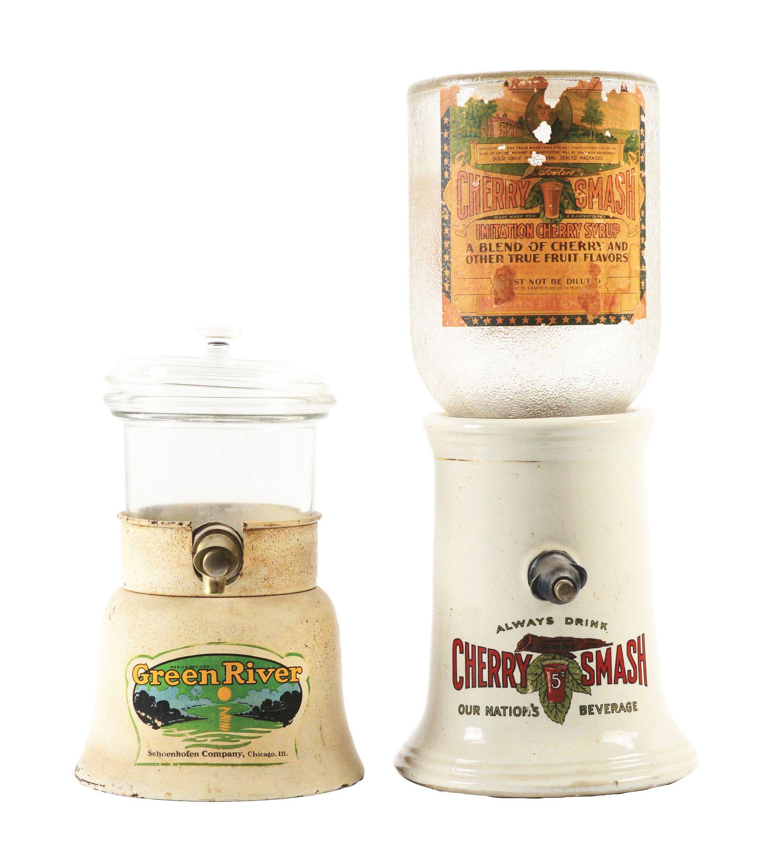 LOT OF 2: CHERRY SMASH AND GREEN RIVER SODA SYRUP DISPENSER. (1 of 8)