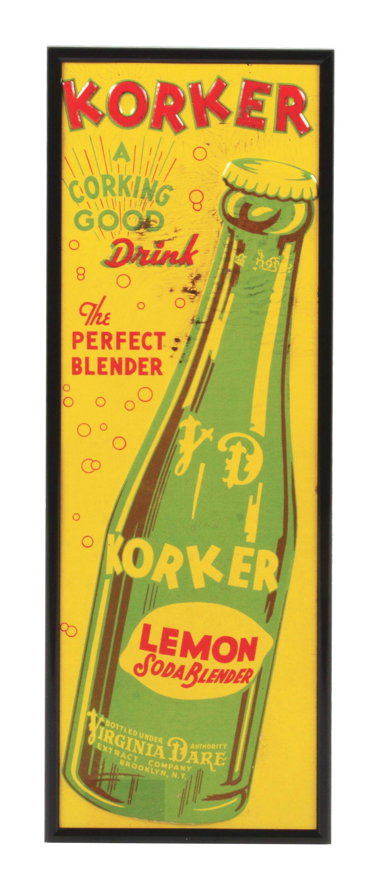 EMBOSSED TIN KORKER LEMON SODA SIGN. (1 of 2)