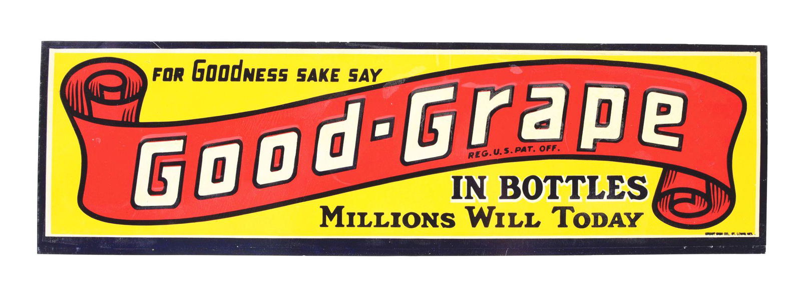 GOOD GRAPE SIGN WITH ORIGINAL WAX PAPER PACKAGING.: SST. A Beautiful example of this NOS strip sign from Good Grape. The sign is embossed and displays beautifully with nearly perfect color and gloss. The only notable damage is minor storage wear to the