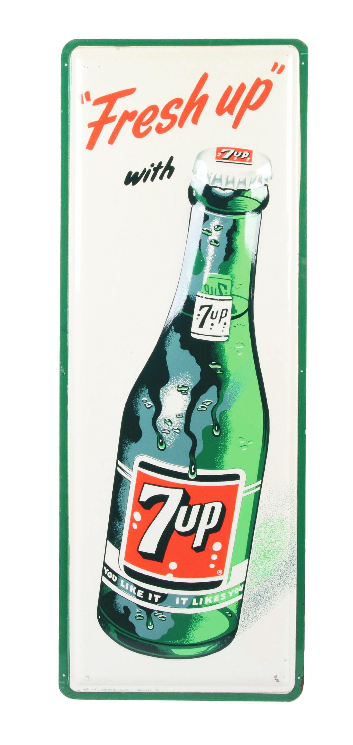 SELF FRAMED EMBOSSED TIN "FRESH UP WITH 7UP" BOTTLE SIGN. (1 of 4)