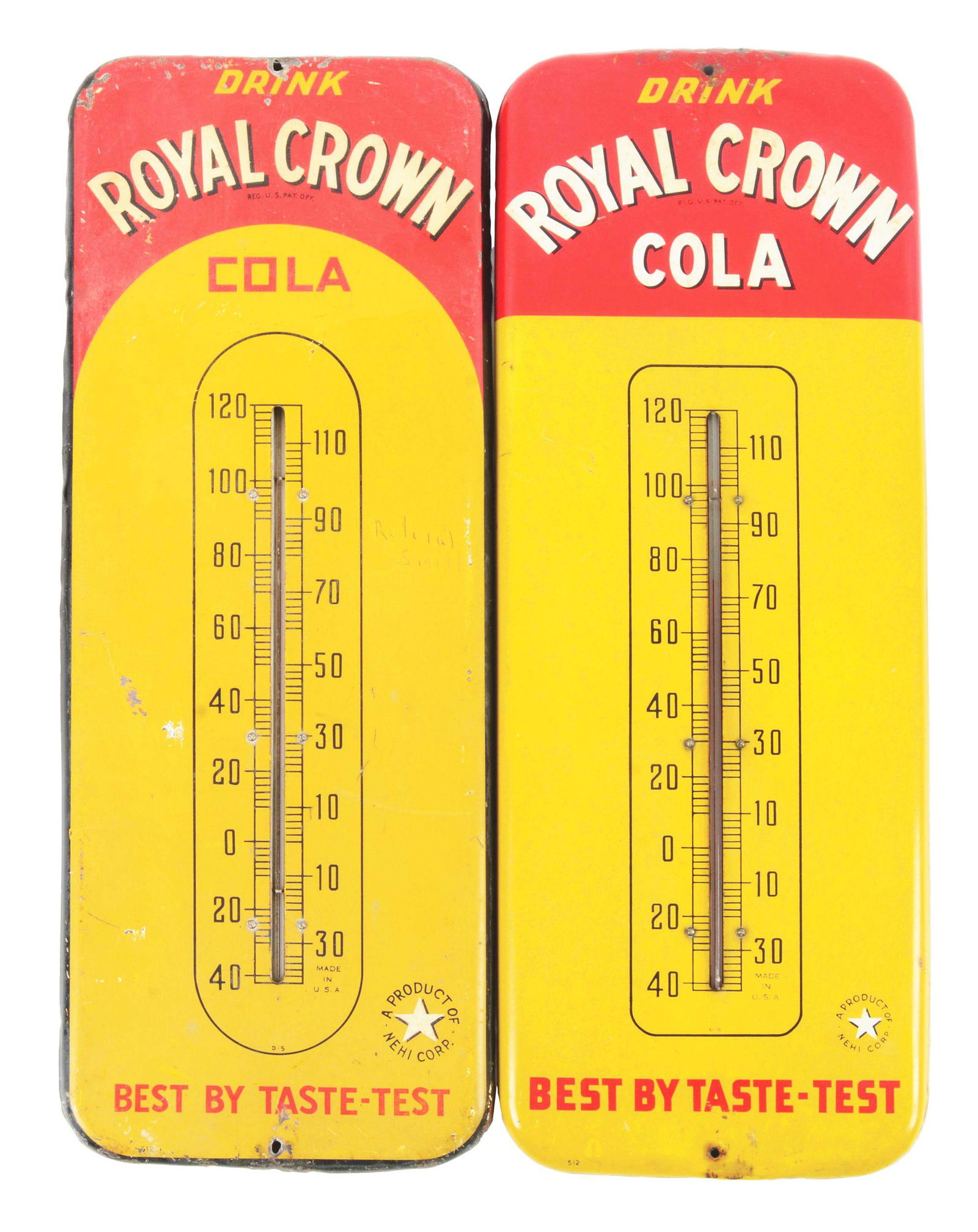 LOT OF 2: ROYAL CROWN COLA TIN THERMOMETERS. (1 of 4)
