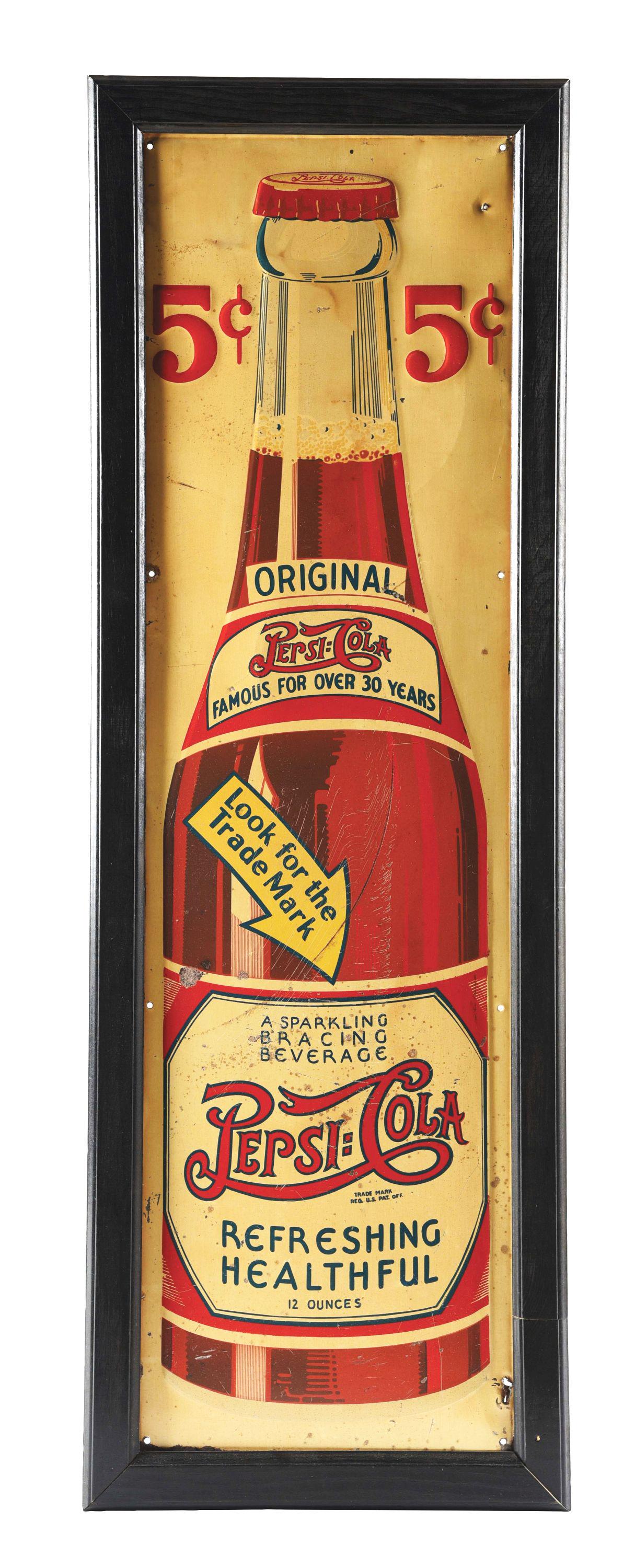 EMBOSSED PEPSI-COLA BOTTLE SIGN. (1 of 2)