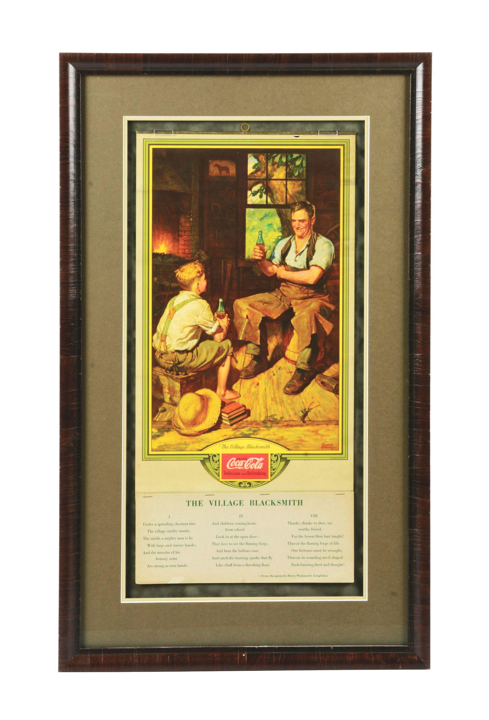 FRAMED COCA-COLA "THE VILLAGE BLACKSMITH" 1933 UNUSED CALENDAR. (1 of 3)