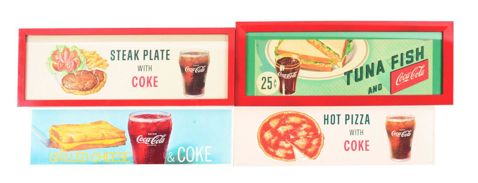 LOT OF 4: COCA-COLA CARDBOARD LITHOGRAPH MENU OPTIONS.: The first is a framed "Steak Plate with Coke" with the excellent steak graphic. The piece needs to be readjusted in the frame. Marked "The Coca-Cola Company Litho in U.S.A.". There is a little bit of