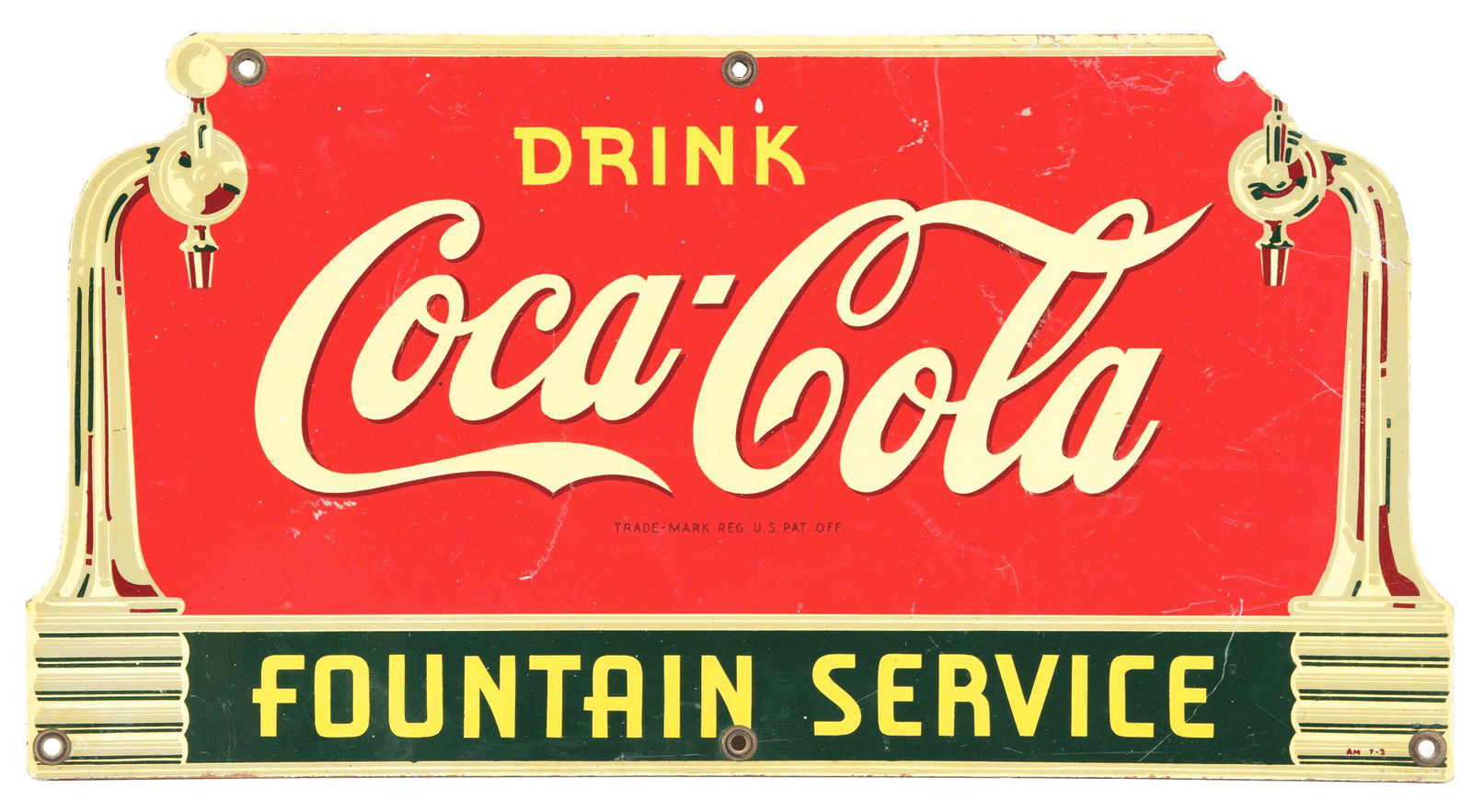 MASONITE COCA-COLA FOUNTAIN SERVICE SIGN.: This is a Masonite soda fountain sign for Coca-Cola, showing bright color. Marked "AM 7-3". Condition shows light scratches to the front surface and some edge wear tot he outer edges. Not a sign you s