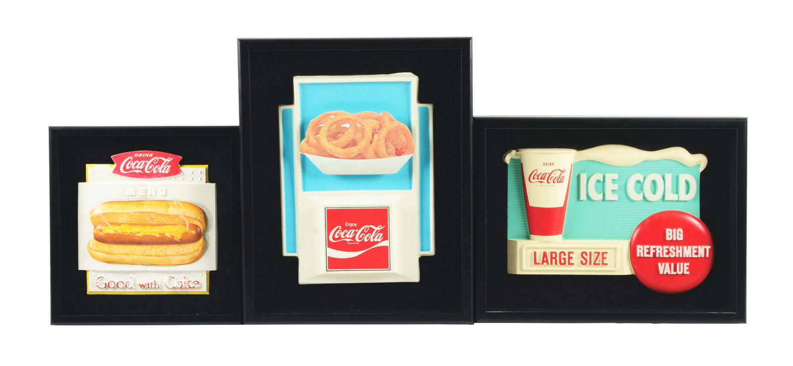LOT OF 3: COCA-COLA VACUUM FORMED 3 DIMENTIONAL DISPLAY PIECES.: The first reads "Menu" and "Good with Coke" with the Coca-Cola trademark at the bottom. There is significant wear to the paint, both in the lettering and in the fishtail, but no cracks to the plastic.