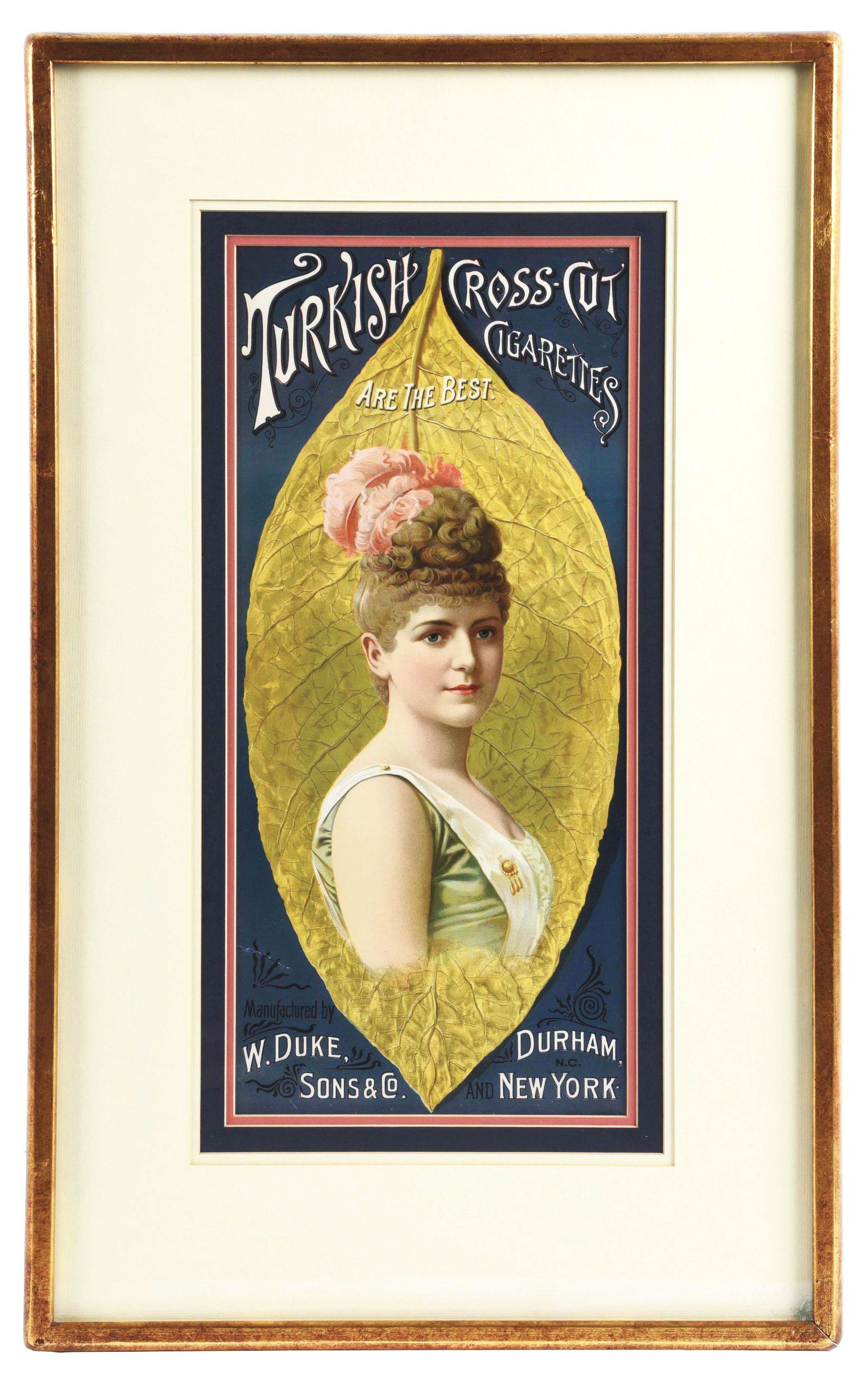 LITHOGRAPHED TURKISH CROSS CUT CIGARETTES ADVERTISING SIGN. (1 of 3)