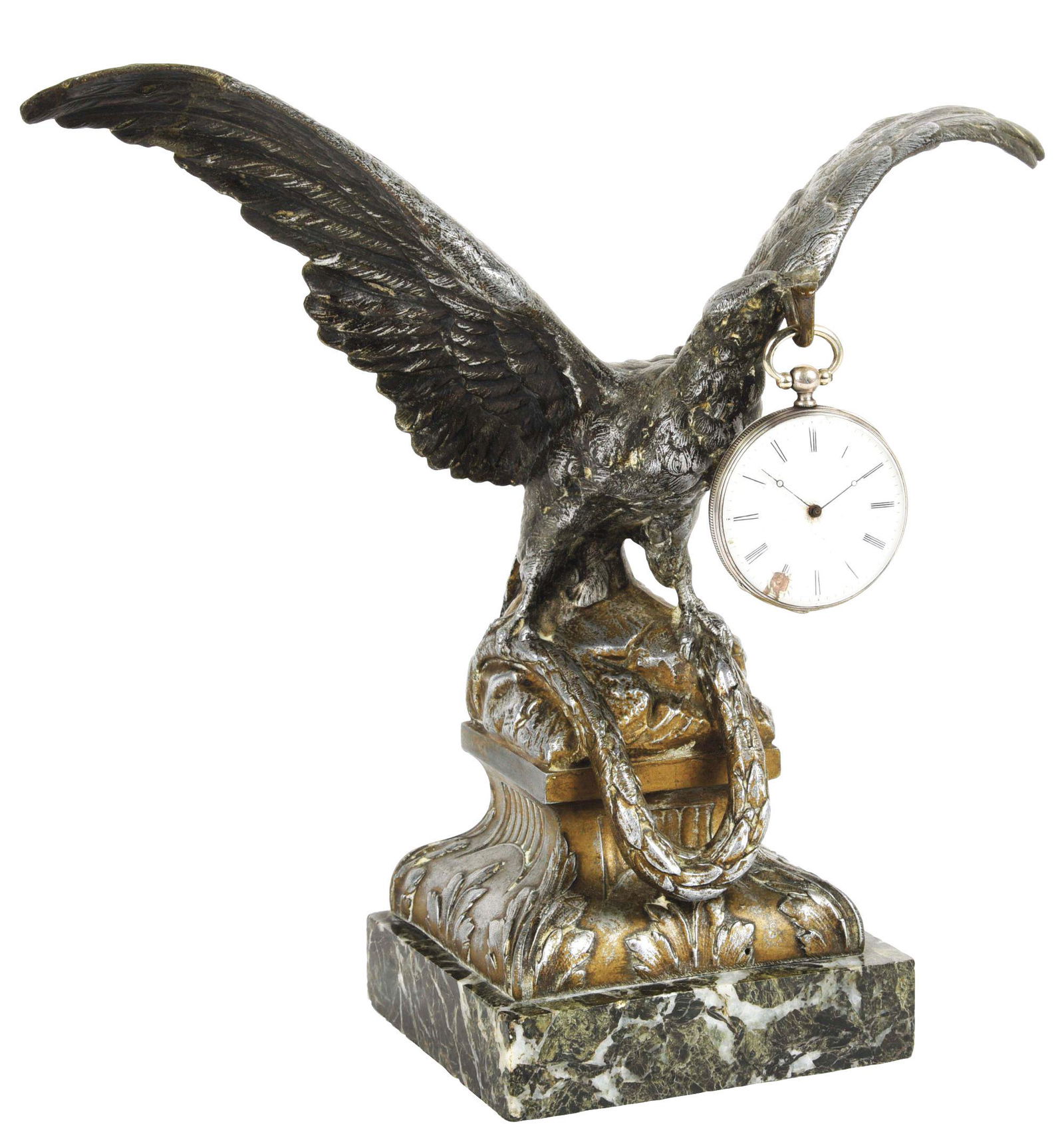 METAL EAGLE STATUE HOLDING A POCKET WATCH ON A MARBLE BASE. (1 of 9)