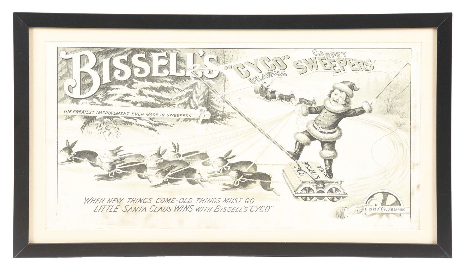 BISSESL'S "CYCO" CARPET SWEEPERS FRAMED ADVERTISEMENT. (1 of 4)