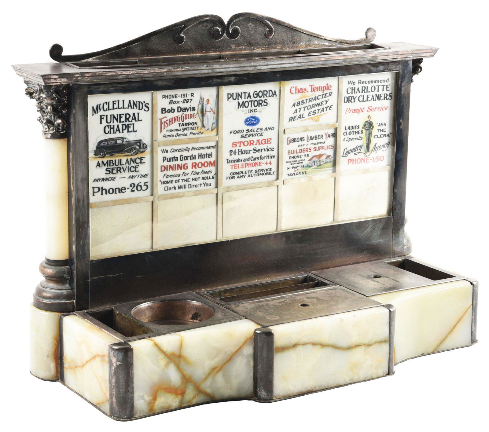 BEAUTIFUL METAL AND MARBLE HOTEL RECEIVING PIECE.: This would sit on a counter in an early hotel and/or department store. The milk glass tiles had advertising, 7 labels visible in this example. These milk glass labels alone sell for great prices. High