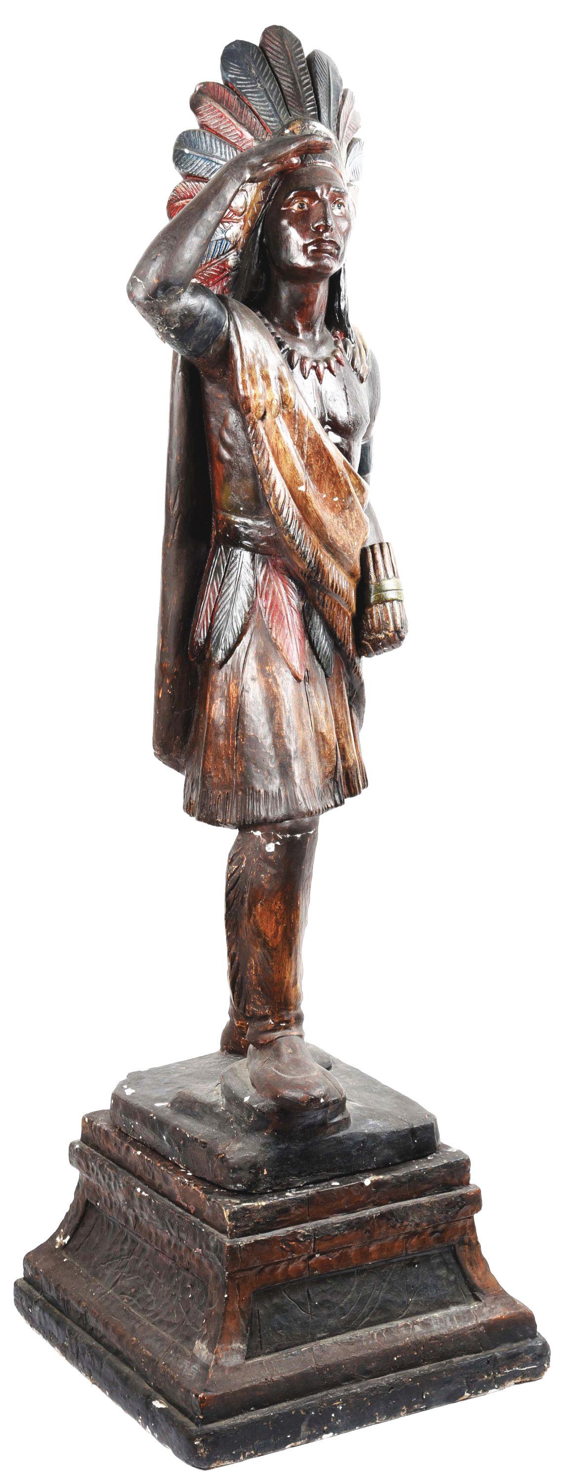 EARLY CHALKWARE NATIVE AMERICAN CIGAR STORE INDIAN ON CHALKWARE BASE. (1 of 9)