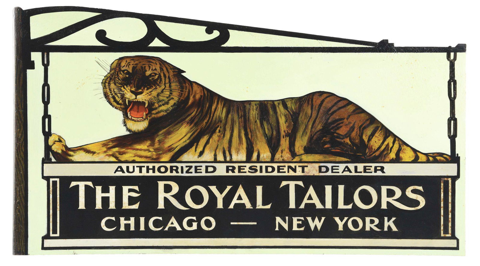 THE ROYAL TAILORS FLANGE SIGN.: This is in restored condition, shows well. Bright colors, graphic detailing on iconic Royal Tailor Tiger. Flange is straight. Condition: (Restored). Item Dimensions: 12" x 23" x 1 - 1/2".