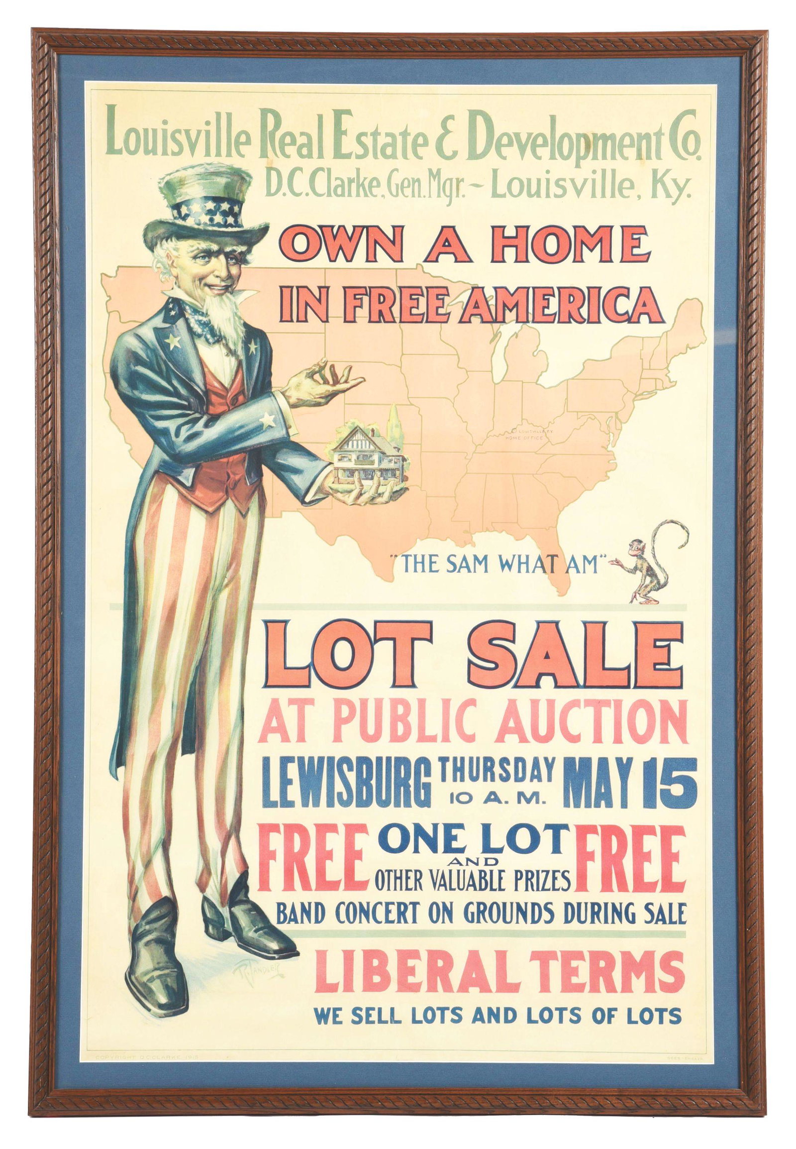 WONDERFUL PAPER LITHOGRAPH LOUISVILLE REAL ESTATE ADVERTISING SIGN.: Has a contemporary mat and frame, showing the iconic Uncle Sam dressed in stars and stripes, reading "Louisville Real Estate & Development Co. / D. C. Clarke, Gen. Mgr. - Louisville, Ky". Bright color