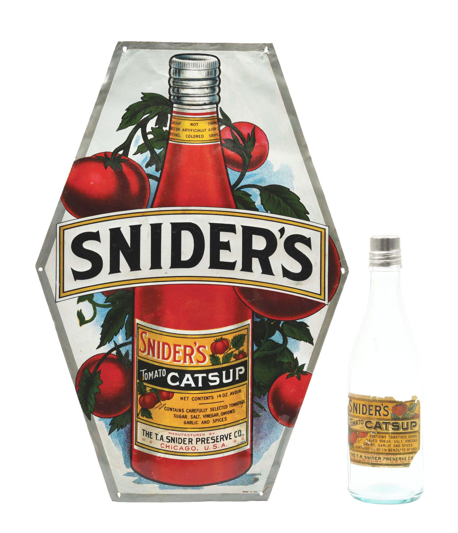 LOT OF 2: SNIDER'S CATSUP EMBOSSED TIN SIGN AND BOTTLE. (1 of 5)