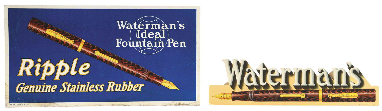 LOT OF 2: WATERMANS IDEAL FOUNTAIN PEN SIGNS.: The first piece is a trolley car sign with a very graphic ink pen and stamped in the bottom left hand corner " NO 618 LITHO. IN USA." The second item is a double easel back "Waterman's Ideal Fountain 