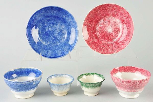 Lot of 6: Period Spatterware Pieces.: Includes one child's blue tea cup (excellent condition), one child's green tea cup (flake to rim), one matching red handless bullet pattern cup and saucer (flake on saucer), and one matching blue hand