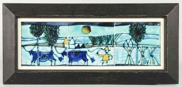 Framed 3 Tile Panel by Harris Strong.: Depicts an oxen herder with hay stacks in foreground, two color moon, and farmhouse in background. Original frame with hooks and paper label. Size: Framed: 34" x 9 - 3/4".