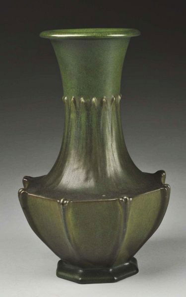 Teco Vase.: Great arts & crafts matte green glaze. Professional restoration to rim and base. TECO impressed mark under base. Size: 12 - 1/4" T.