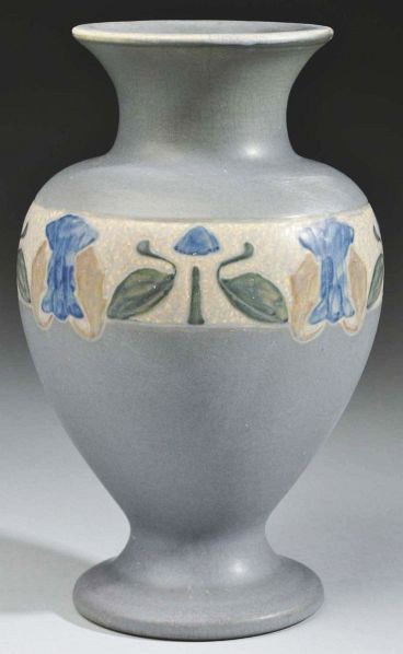 Roseville Victorian Art Pottery Vase.: Shape #262-10". Egyptian banded center design against a matte gray background. Small glaze pop to rim. Size: 10 - 1/2" T.