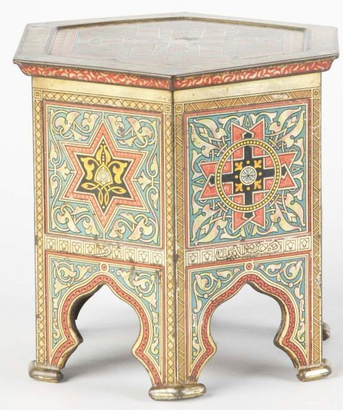 1902 Huntley & Palmer Syrian Biscuit Tin.: A few light paint flakes but displays still displays nicely. Size: 6 - 3/4" T.