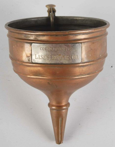 Copper Funnel.: Circa 1890. Manufactured by Lash's Bitters Company. Includes mechanism to release fluids through the funnel. Size: 7 - 1/2" T.