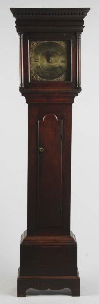 18th Century Queen Anne English Tall Clock.: By John Smith. One day time and strike. Nice brass engraved dial. English oak with original dark finish. Good example of one of the best-known makers of chain drive single weight movements of the 1750