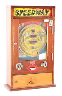 PENNY ARCADE "SPEEDWAY" GAME OF SKILL.: 1940, UK: This gambling game of skill is called Speedway. By inserting an English penny, balls are flipped into a playing field in an effort to place the ball into one of the three payout positions. W