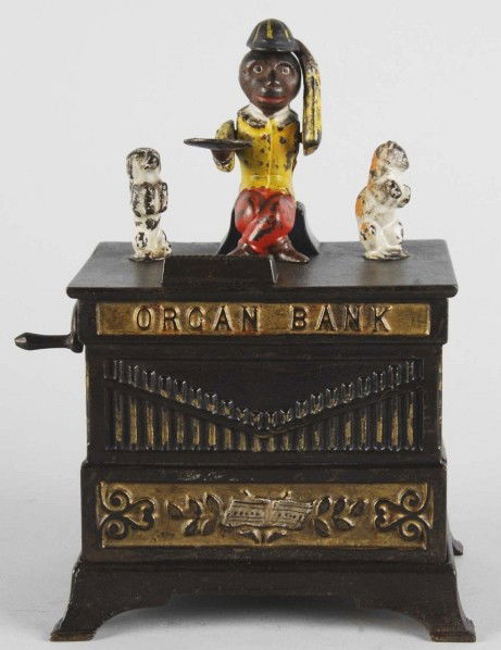 Cast Iron Organ Cat & Dancing Dog Mechanical Bank: Working. Manufactured by Kyser & Rex. Size: 7 - 1/2" T. CORRECTION - The crank has been repainted. The trap is missing.