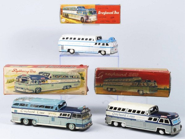 Lot of 3: Tin Greyhound Bus Friction Toys.: Japanese. Some scratching to roofs and one with loose tires and a friction mechanism that is not working. Includes all original boxes with some creasing throughout. Size: Largest: 13" L.
