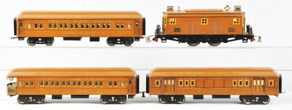 American Flyer President Special Passenger Set.: American. Pre-war. Standard gauge. Includes no. 4039 electric-style locomotive and three brown President Special lithographed passenger cars. Locomotive is dirty but should clean to a full excellent.