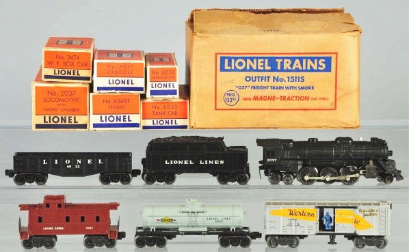 Lionel Outfit # 1511S Freight Train Set.: American. Post-war. O-27 gauge. Includes no. 2037 steam locomotive, no. 6066T tender, no. 6032 gondola, no. 6035 Sunoco tank car, no. 3474 Western Pacific boxcar, and no. 6037 caboose. Also includes o