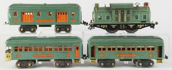 Lionel Standard Gauge 10E Passenger Train Set.: American. Includes 10E electric style engine in peacock green with 332 mail car, 339 pullman car, and 341 observation car. Some scratching and wear throughout set.