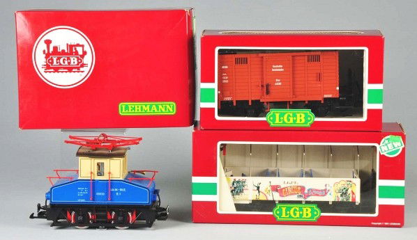 Lot of LGB & Corgi Train & Toy Items.: Includes one Corgi Battle of the Britain contemporary airplane set in original box with cardboard insert, three LGB boxed items, one steeple cab engine, circus menagerie, and a cattle car. All items a