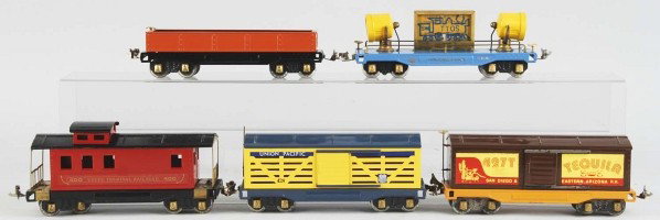 Lot of 5: O-Gauge 400 Series USTTC Freight Cars.: 1970s. Includes no. 400 caboose, no. 93 searchlight car marked "Hollywood 1978", one gondola car, no. 427T Tequila San Diego boxcar, and no. 428 Union Pacific cattle car. All with literature. Includes