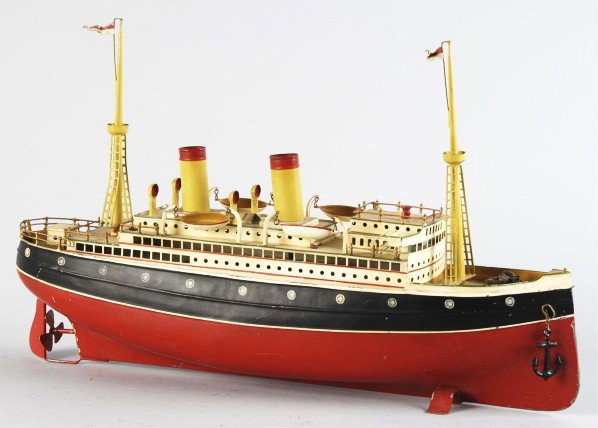 Handpainted Tin Bing Ocean Liner Clockwork Toy.: German. Complete professional restoration with new lifeboats, stacks, and masts. Size: 20" L.