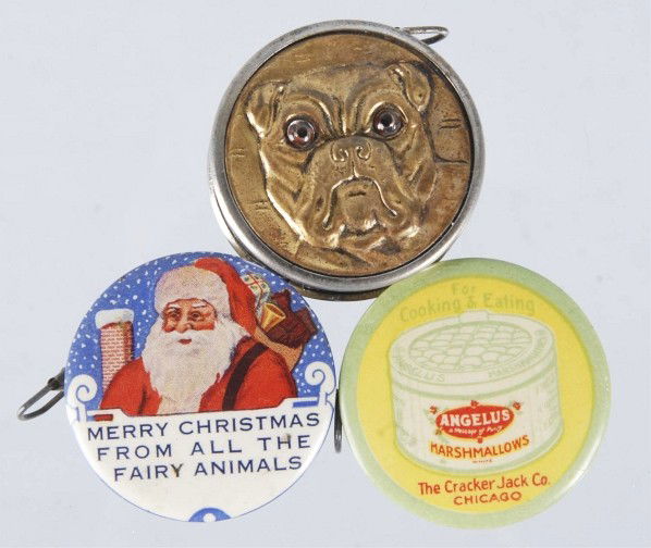 Lot of 3: Measuring Tapes.: Includes one Santa, one Angelus Marshmallows, and one bulldog. Size: Each: 1" Dia.