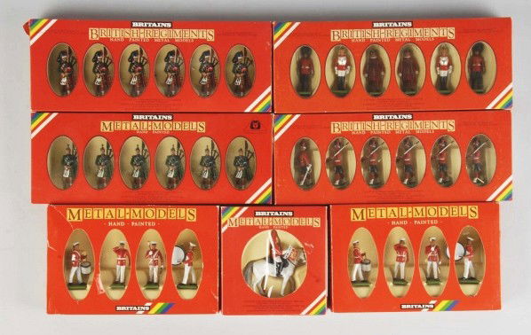 Lot of 7: Boxed Metal Britains Soldier Sets.: Circa 1980s. Includes set no. 7235, no. 7242, no. 7240, no. 7226, no. 7247, and two no. 7304s. Total of 33 figures in lot. Unused condition.