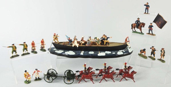 Lot of 8: Boxed Sets of Metal Britains Soldiers.: Contemporary. Includes set no. 17229 Washington Crossing the Delaware set, no. 17215 British Command set, no. 8825 Gun & Lumber set, no. 17222 American Minutemen set, two no. 17214 American Command se