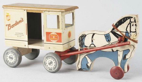 Rich Toys Borden's Horse-Drawn Milk Wagon.: Wood and tin. Includes four original glass bottles. Back piece marked "Borden's Certified Milk Gold Crest". Some scratching and wear, especially to front of cart. Size: 17 - 1/2" L.