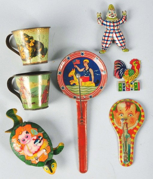 Lot of 7: Tin Litho Toy Items.: Japanese. Pre-war. Includes rooster whistle, tin litho noisemaker, 3D clown figure (may have been part of another toy), tin litho turtle missing head, one woman riding horse noisemaker, and two small 
