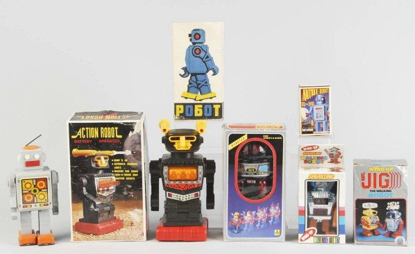 Lot of 6: Robot Battery-Op & Wind-Up Toys.: Mostly made in Hong Kong, one is early Russian. Includes Action Robot, Monster Robot, and others. Includes all original boxes with some creasing throughout. Size: Largest Box: 10 - 3/4" x 6 - 1/2".